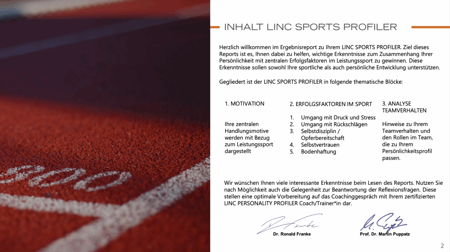 Beispielseite Einzelsportler Profiler - Inhalt